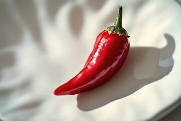 A single red hot pepper placed on a clean white plate, ready for use in cooking or photography