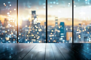 Poster - Cityscape with a blurred background, office and window view in the background, with bokeh effects and extra space for text
