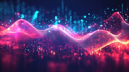 Fototapete - Abstract digital wave pattern with colorful glowing dots and lines technology background