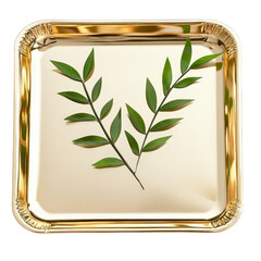 Poster - Gold tray with green leaf displayed on a simple background for decorative purposes isolated on transparent background.