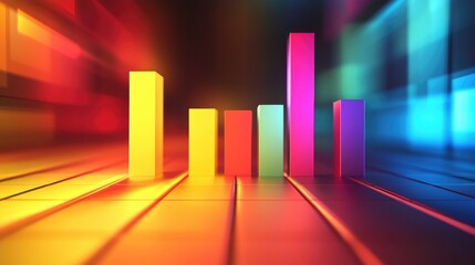 Poster - A colorful D bar chart with glowing bars in various heights, floating in a futuristic digital environment, representing business growth and data analysis.