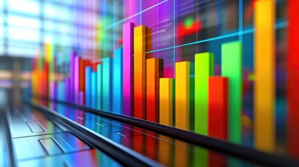 Poster - A colorful D bar graph displayed on a large screen in a modern conference room, with business professionals discussing the data presented.