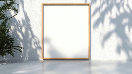 Poster - clean wooden poster frame mockup positioned on white wallpaper.