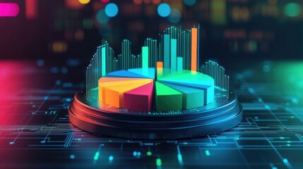 Poster - A colorful D pie chart with each segment floating slightly above a digital platform, representing data distribution in vibrant shades of blue, green, and orange.