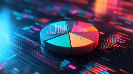 Poster - A colorful D pie chart with each segment floating slightly above a digital platform, representing data distribution in vibrant shades of blue, green, and orange.