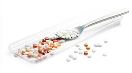 Colorful Pills in Spoon on Clear Container