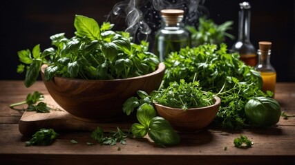 Wall Mural - Fresh herbs arranged in wooden bowls, showcasing culinary ingredients and flavors.