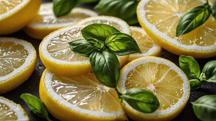 Wall Mural - Fresh lemon slices with basil leaves arranged beautifully for culinary presentation.