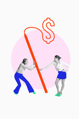 Wall Mural - Two businesswomen pushing symbolic red financial growth arrow with dollar sign. Competition and teamwork. Conceptual art collage. Concept of banking, business, finances, success, progress