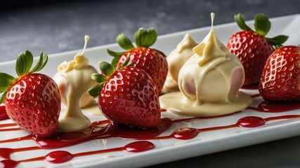 Wall Mural - A plate of strawberries drizzled with sauce and topped with creamy desserts.