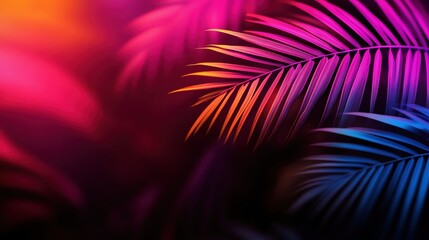 Poster - Vibrant tropical leaves with colorful lighting on a dark background
