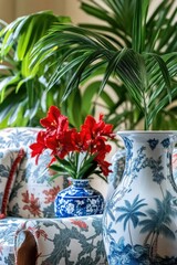 Wall Mural - A decorative vase sitting on a table, featuring a blue and white design