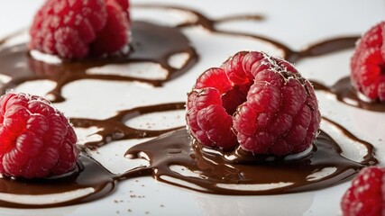 Wall Mural - Raspberries drizzled with chocolate, showcasing a delicious dessert presentation.