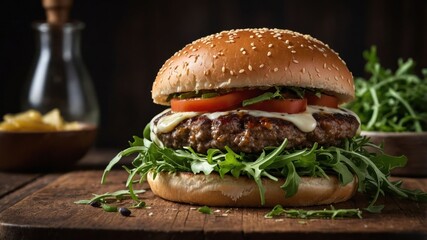 Poster - A delicious burger with lettuce, tomato, and sauce, served on a rustic wooden table.