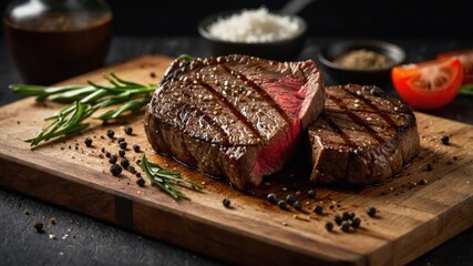 Sticker - Grilled steak served on a wooden board with spices and sides, showcasing a delicious meal.