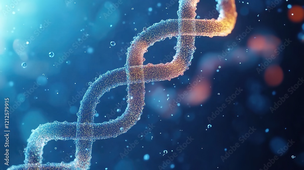 3D render of a double helix DNA structure, with a blue and gold color ...
