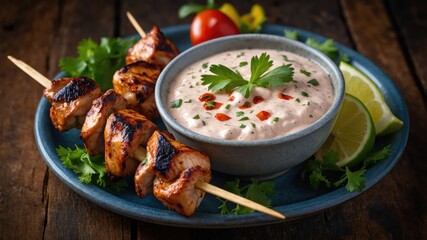 Sticker - Grilled chicken skewers served with a creamy dipping sauce, garnished with herbs and lime.