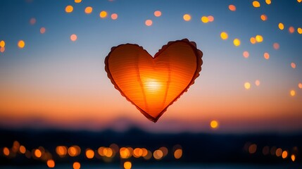Poster - Beautiful heart-shaped lantern illuminated against a magical twilight sky with soft bokeh lights creating an enchanting atmosphere of romance and celebration.