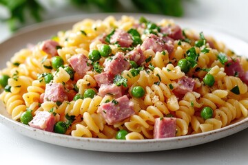 Poster - Pasta dish with ham and peas, perfect for lunch or dinner