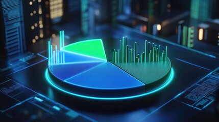 Poster - A digital D pie chart in blue and green hues, representing financial distribution on a holographic screen, symbolizing innovative financial analysis.
