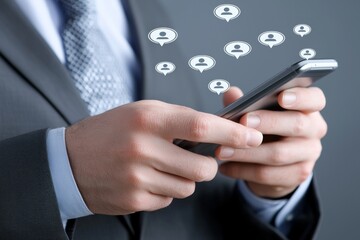 Poster - a man holding a modern cell phone with a virtual screen showing digital security symbols and a finge