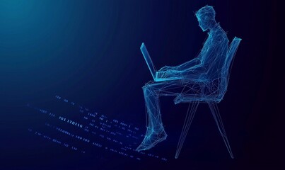 Poster - concept illustration of a hacker utilizing an abstract laptop with a binary code digital interface. 