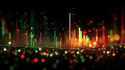 Poster - A digital stock market graph showing green and red candlesticks on a dark background, with glowing numbers and data points indicating real-time financial trends.