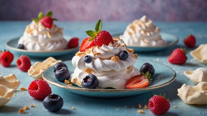 Wall Mural - A delightful display of meringue desserts topped with berries and mint leaves.