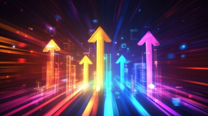 Poster - A dynamic D bar graph with arrows pointing upward, surrounded by digital icons and glowing data points, symbolizing success and performance improvement.