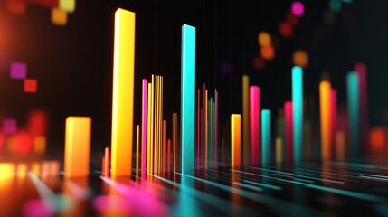 Poster - A dynamic D bar graph with colorful segments rising sharply against a dark background, symbolizing impressive business growth and financial success.
