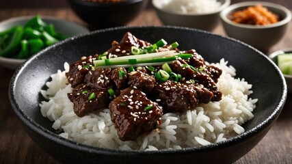 Poster - A bowl of beef stir-fry served over white rice, garnished with green onions and sesame seeds.