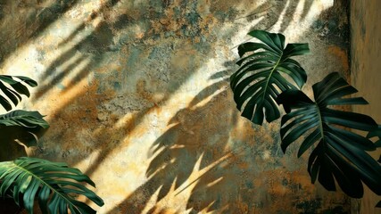 Poster - Sunlight streaming through monstera leaves, generating dramatic shadows on textured wall surface with intricate botanical silhouettes video 4k