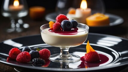 Wall Mural - A dessert featuring creamy panna cotta topped with berries and sauce, elegantly presented.