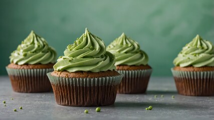 Wall Mural - Four cupcakes with green frosting and sprinkles on a textured surface against a green backdrop.