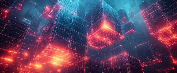 Aufkleber - Glowing red and blue digital cubes in futuristic cityscape.