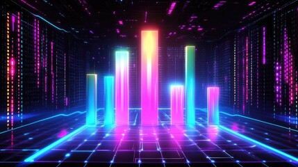 Poster - A futuristic D bar chart, with sleek neon-colored bars growing at different levels, placed against a holographic background filled with data streams.