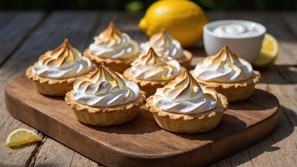 Wall Mural - A delightful display of lemon meringue tarts on a wooden table with fresh lemons.