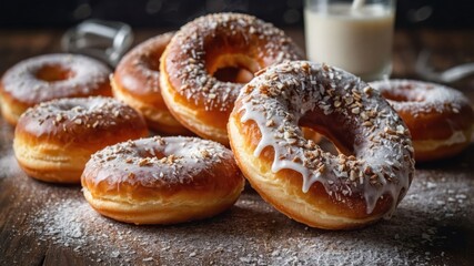 Wall Mural - A tempting assortment of glazed and sprinkled donuts on a wooden table, with a glass of milk.