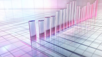 Poster - A futuristic D bar graph with transparent bars of varying heights, hovering over a digital grid, representing data visualization in tech or finance.