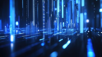 Poster - A futuristic D financial chart with rising blue bars and arrows, overlaid with stock prices and percentage gains, representing market growth and investment opportunities.