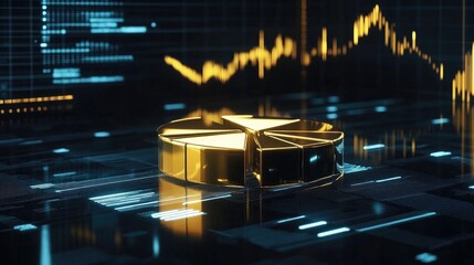 Poster - A futuristic D gold pie chart with sleek metallic segments floating against a digital interface, representing global gold reserves and investments.