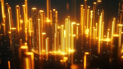 Poster - A glowing D financial graph with golden candlesticks, indicating the rise and fall of gold prices in a futuristic digital trading interface.