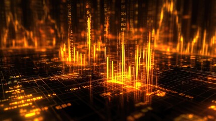 Poster - A glowing D financial graph with golden candlesticks, indicating the rise and fall of gold prices in a futuristic digital trading interface.