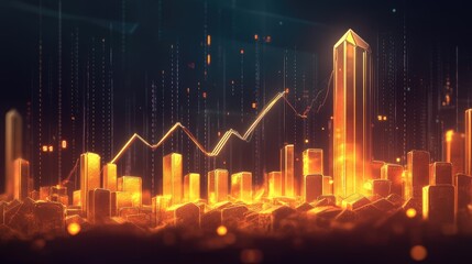 Poster - A glowing gold line graph showing the rising price of gold, set against a dark background with data points and gold bars displayed below the chart.