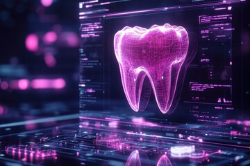 Poster - Glowing digital tooth model displayed in futuristic interface, v