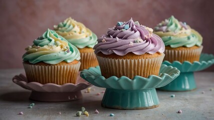 Wall Mural - Colorful cupcakes with frosting displayed on decorative stands, perfect for celebrations.