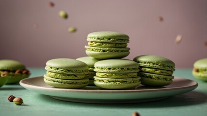 Wall Mural - A plate of green macarons arranged aesthetically, with some floating pistachios around.