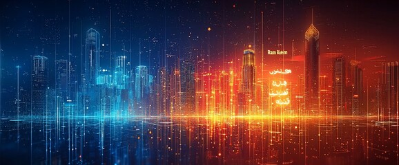 Aufkleber - Futuristic cityscape at night, reflected in water, with vibrant colors and digital elements.