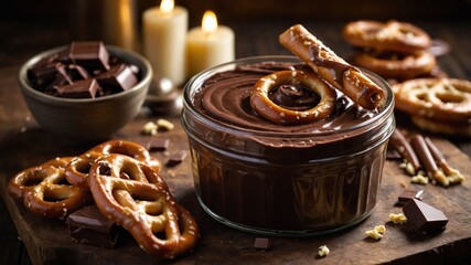 Wall Mural - A delicious chocolate dip with pretzels, candles, and chocolate pieces for a cozy snack.