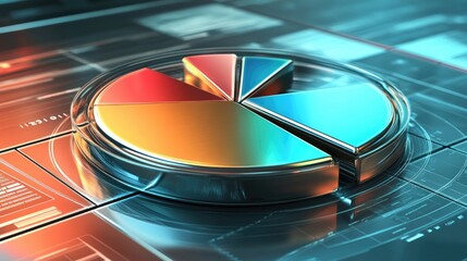 Poster - A metallic D pie chart with polished sections, each representing a portion of a company's financial portfolio, set against a futuristic background.